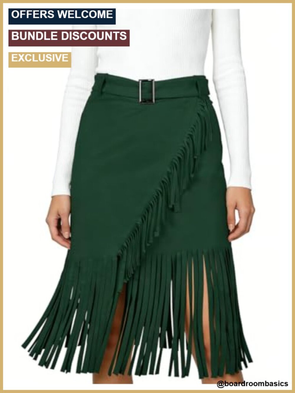 Boho Fringe Midi Skirt Micro-V Waist Festival A-Line